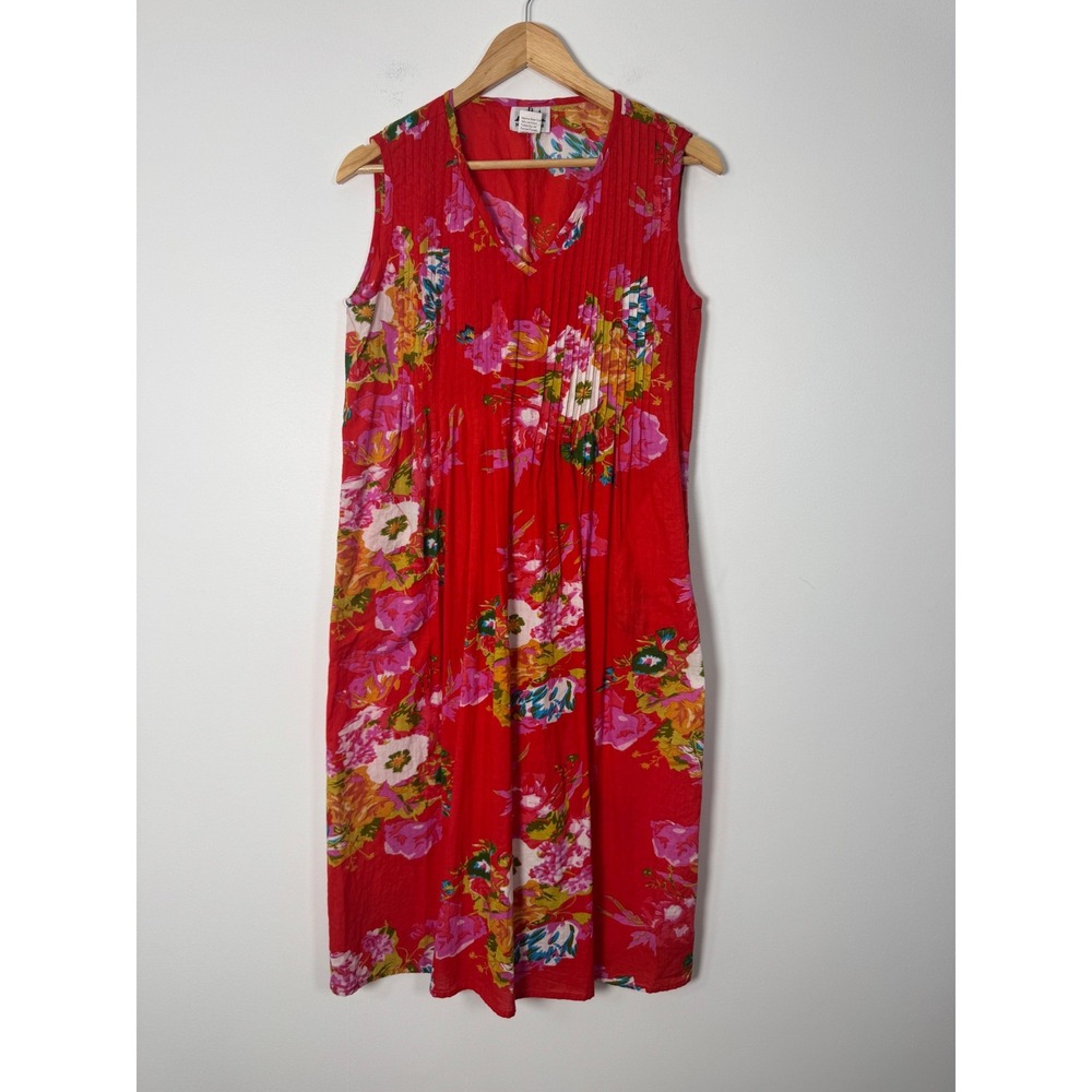 Cottagecore Metropolitan Women Sm Midi Dress Red Floral Cotton Pintuck‎ Pockets